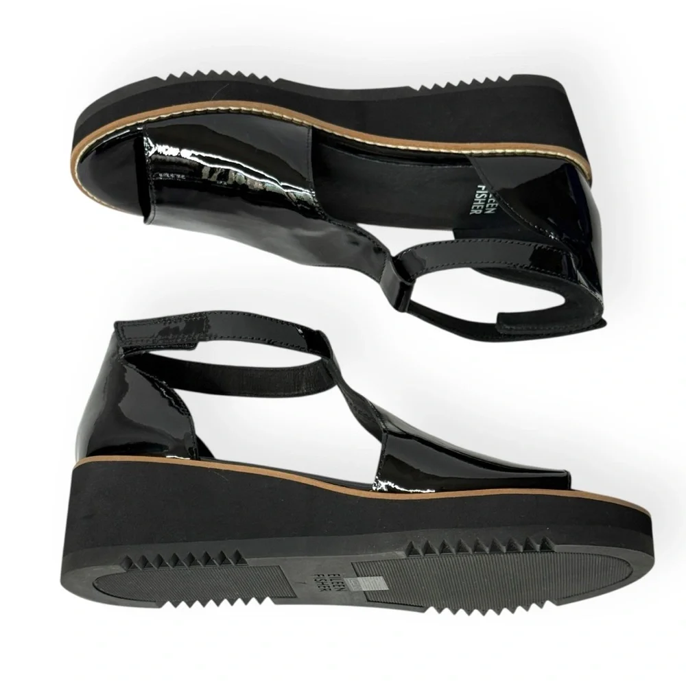 EILEEN FISHER Data Black Patent Ankle‎ Strap Wedge Sandals Size 7
